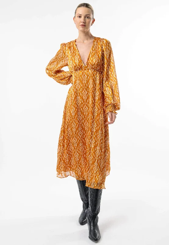 Women's Vintage-Inspired Clothing Pastel Styles V-Neck Long Sleeve Midi Dress in Orange Print
