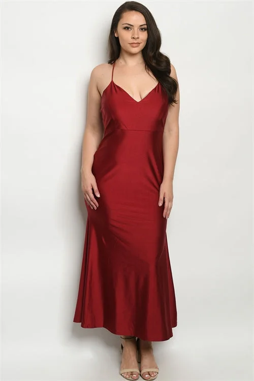 Women's High-Fashion Clothes Huge Markdowns Wine Red Plus Size Spaghetti Strap Gown