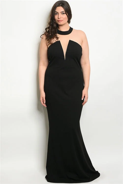 Modern Women's Clothes Big Discounts Black Plus Size Gown with Mesh Detail Mock Neckline