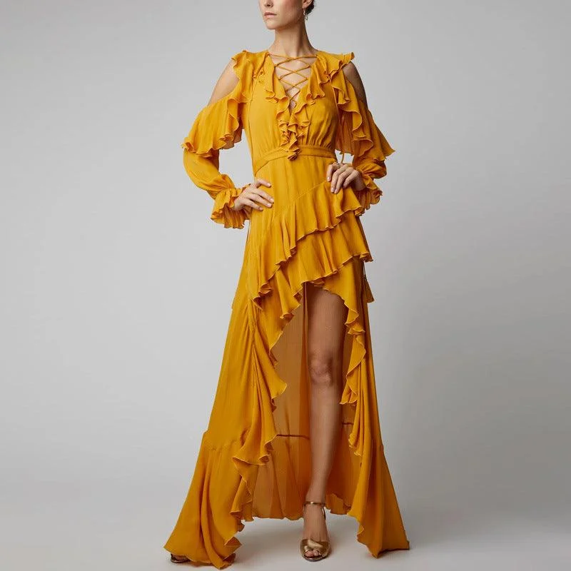 Casual Clothing For Women Flash Sale KittenAlarm - Sofia Off Shoulder Ruffle Front Slit Maxi Dress