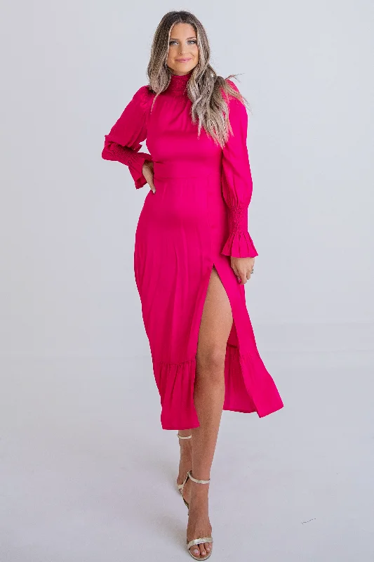 Comfortable Women's Apparel Trendy New Clothes Solid Smock Neck Midi Dress in Fuchsia Comfortable Women's Apparel Trendy New Clothes Solid Smock Neck Midi Dress in Fuchsia
