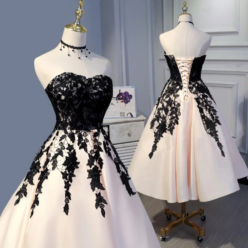 Women's Evening Clothes Romantic Detailing LP3373 Tea Length Champagne and Black Lace Wedding Party Gown Formal Prom Dress Short 2022
