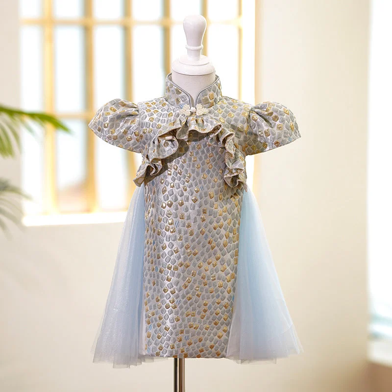 Women's Chic Outerwear Garments Fashion Essentials Elegant Baby Pattern Puff Sleeves Button-up One-year-old Dress Toddler Ball Gowns