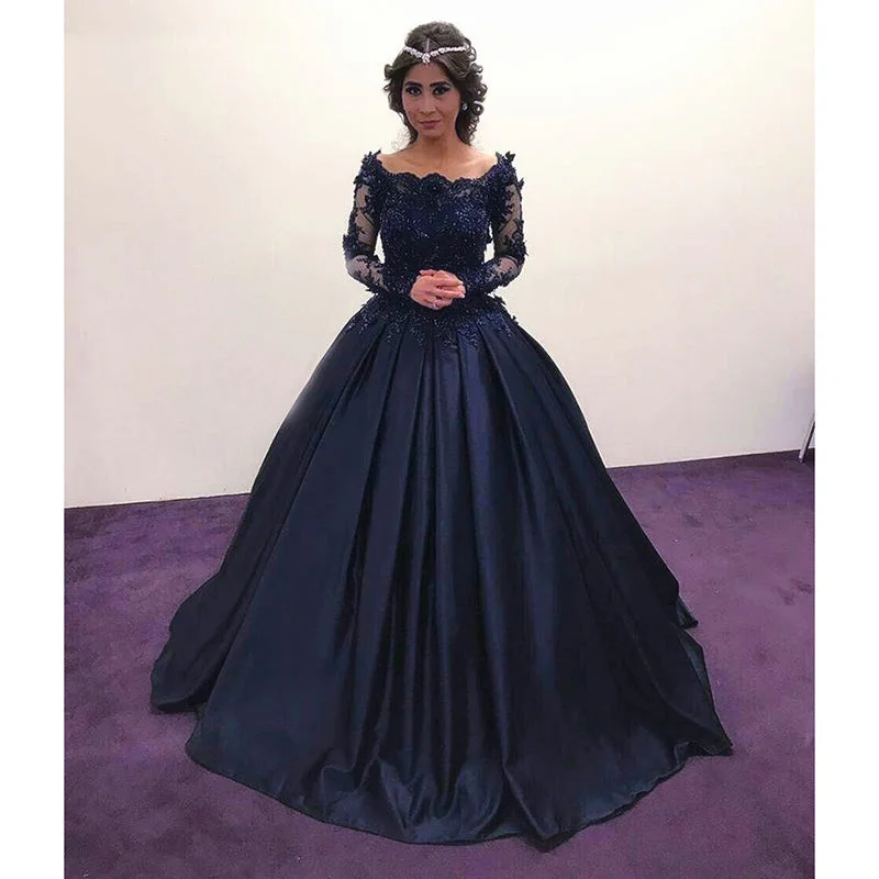 Women's High-Fashion Clothes Feminine Flow Princess Embellished Long Sleeves Navy Blue Prom Dresses Ball Gown Wedding Engagement Dresses ,Lace Appliqued Formal Gown