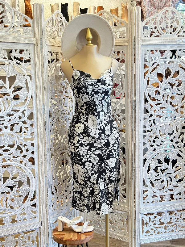 Women's Holiday Attire All Season Basics Discount Black Flower Cowl Neck Midi Dress