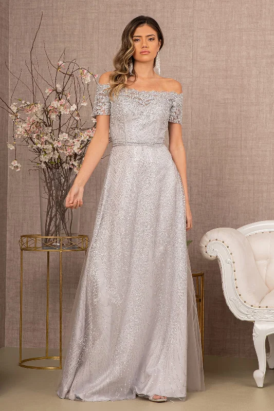New In This Season Glitter Print Mesh Cut-Away Shoulder A-Line Long Mother Of The Bride Dress GLGL2942
