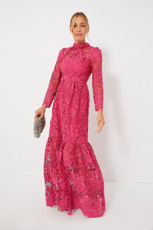 Women's Comfortable Lounge Attire Polished Finish Pink Lace Maxi Dress