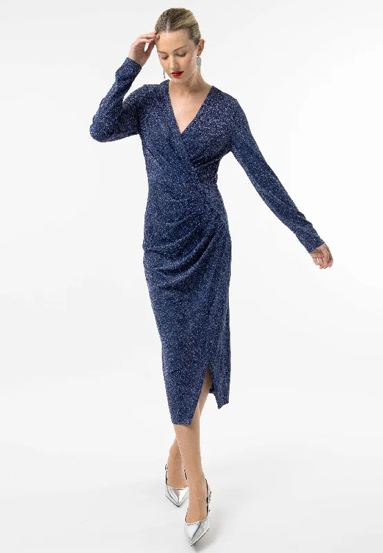 Women's High-End Clothing Clearance Event Metallic Long Sleeve Faux Wrap Midi Dress in Navy Silver
