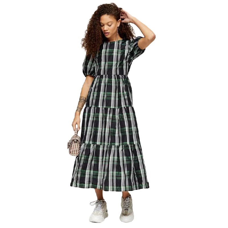 Women's Resort Apparel Elegant Details Women's Plaid Ruffle Midi Dress,Multi