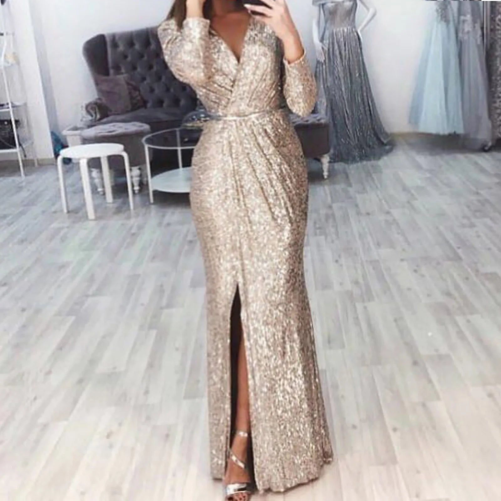 Women's Vacation Outfit Chic Trend Collection JuliaFashion - 2024 V Neck Floor Length Long Sleeve High Slit Sequin Mermaid Nightclub Evening Gowns Lady Elegant Dress Women's Vacation Outfit Chic Trend Collection JuliaFashion - 2024 V Neck Floor Length Long Sleeve High Slit Sequin Mermaid Nightclub Evening Gowns Lady Elegant Dress