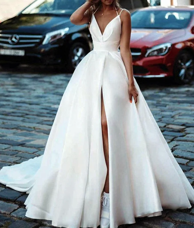 Women's Holiday Attire From Casual To Classy Women A-Line Satin Wedding Dresses V-Neck Sleeveless Bridal Gowns YWD211