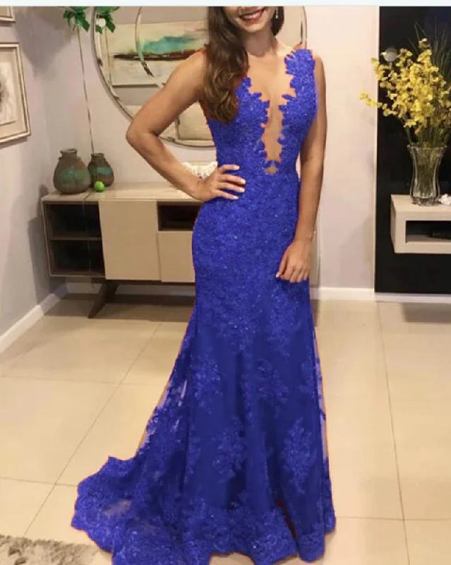Women's Casual Apparel For Weekends Trendy Street Style Attire Royal Blue/Red Lace Mermaid Evening Dress Long Women Prom Wedding Party Gown PL0606