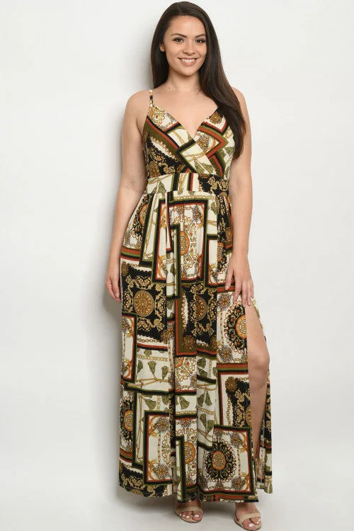 Women's Wardrobe Apparel Flash Deals Olive Green Chain Print Plus Size Maxi Dress