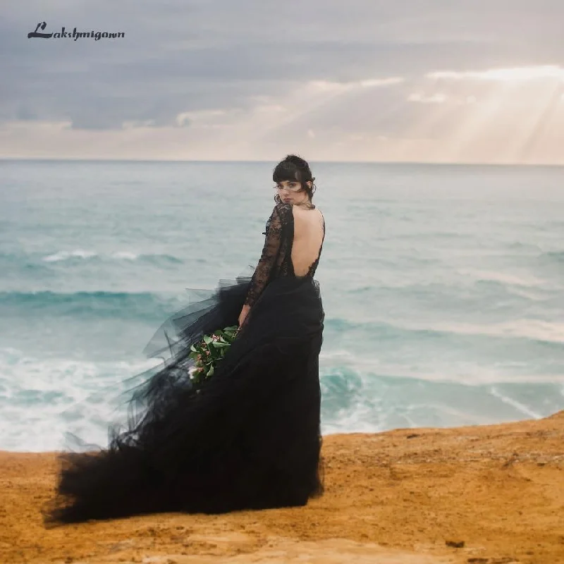 Women's Clothing For Special Occasions Winter Warm - Up Sale Roycebridal Sexy Gothic Black Beach Wedding Dress Long Sleeve