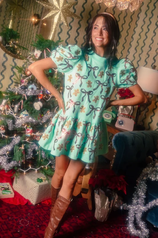 Best Online Boutiques For Women Mint Green Gingerbread Men & Bows Dress