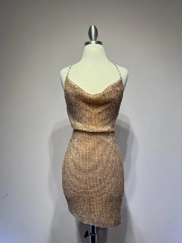 Feminine Soft - Hued Look Embroidered Sequin Cowl Neck Halter Open Back Short Cocktail Dress CDB2316