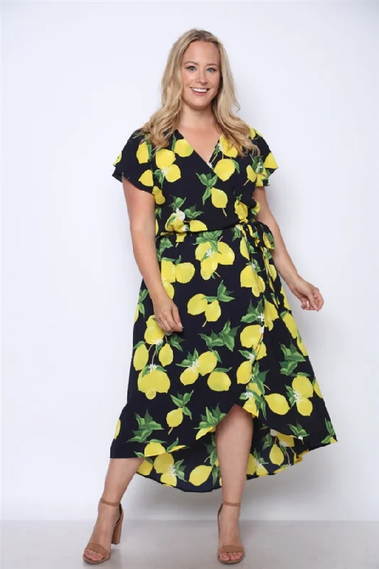 Affordable Luxury Women's Garments Final Clearance Navy Blue Lemon Print High Low Plus Size Maxi Dress