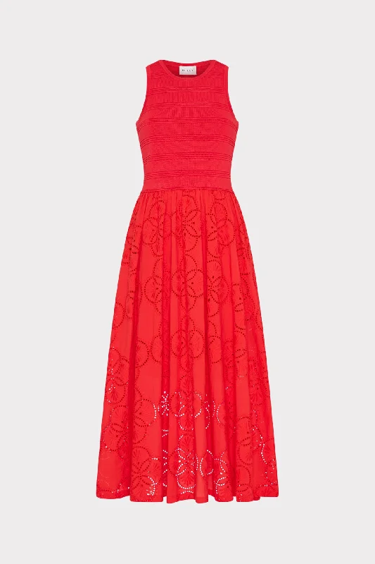 Women's Clothing Apparel Relaxed Style Geo Eyelet Knit Combo Midi Dress