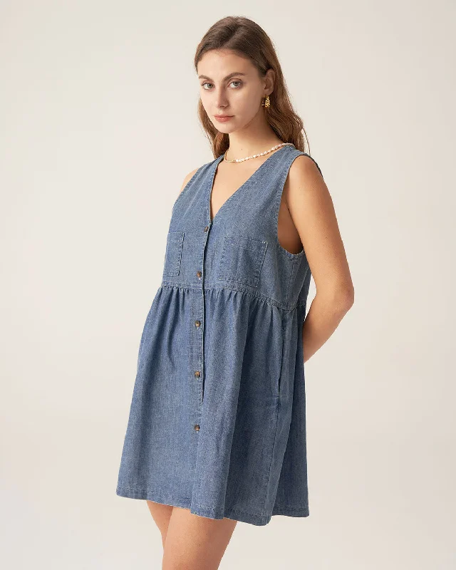 Charming Women's Outfit For Special Occasions Final Clearance Blue Denim Sleeveless Mini Dress Charming Women's Outfit For Special Occasions Final Clearance Blue Denim Sleeveless Mini Dress