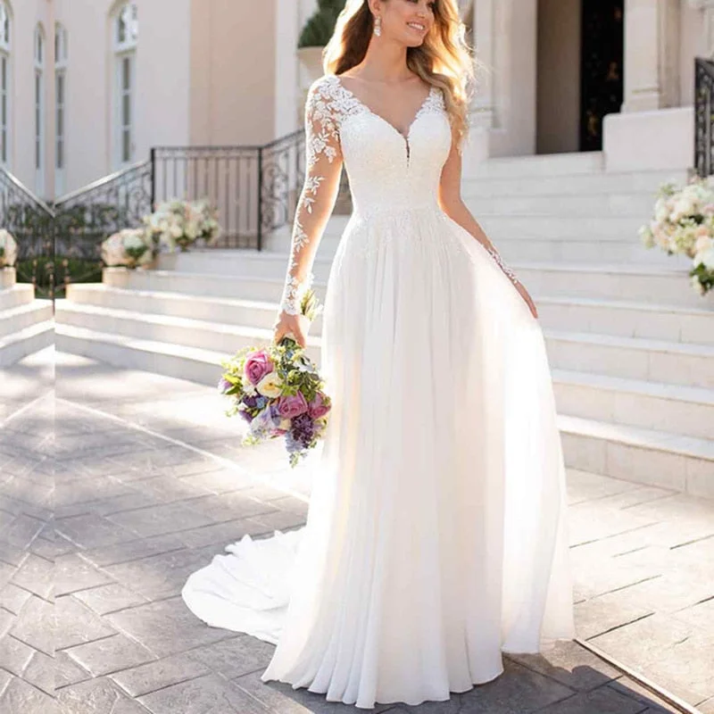 Comfortable Women's Apparel Everyday Basics Roycebridal V Neck Long Wedding Dresses with Sleeves Open Back White Lace Applique Bridal Dress For Wedding Party Vestidos De Novia A-line
