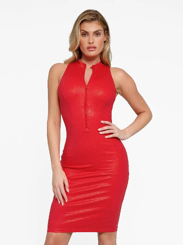 Affordable Women's Attire Seasonal Style Discounts Shapewear Sculpting Faux Leather Zip Front Midi Dress