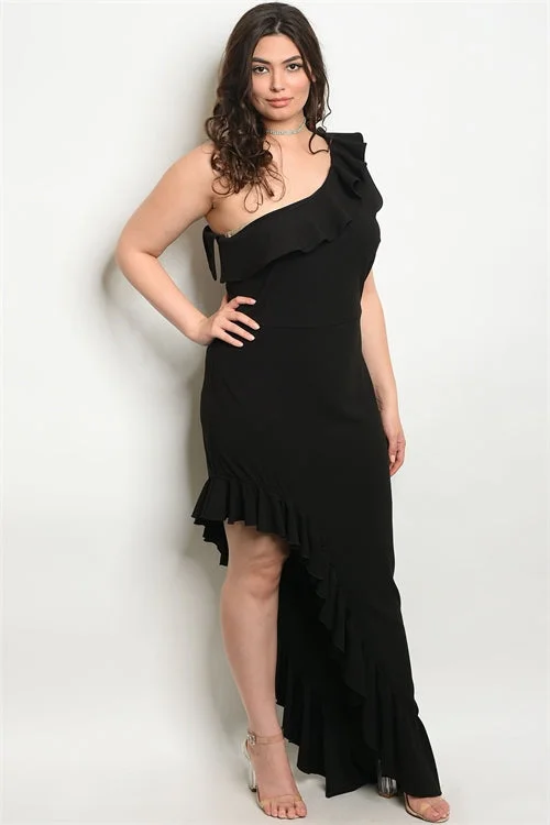 Women's Transitional Clothes Buy More, Save More Black One Shoulder Ruffled Plus Size Gown
