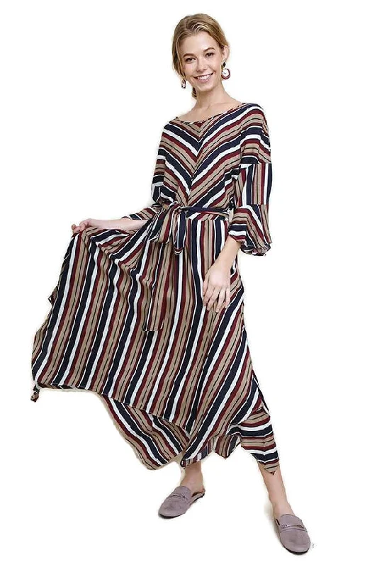 Women's Classic Outfit Trendy New Clothes Striped Bell Sleeve Maxi Dress