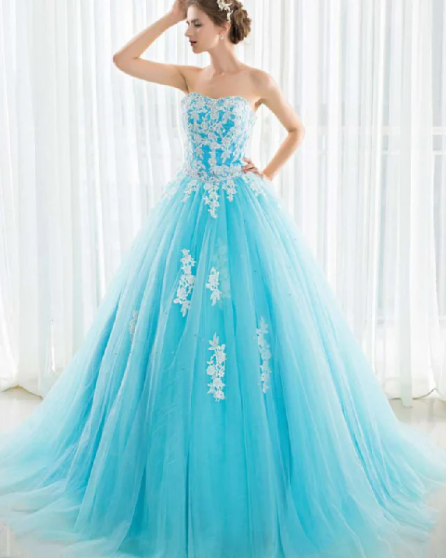 Women's Work Outfit For The Office Hot Sale Turquoise Blue Sweetheart Ball Gown Wedding  Engagement Dress Evening Party Prom Gown with ivory Lace WD01211