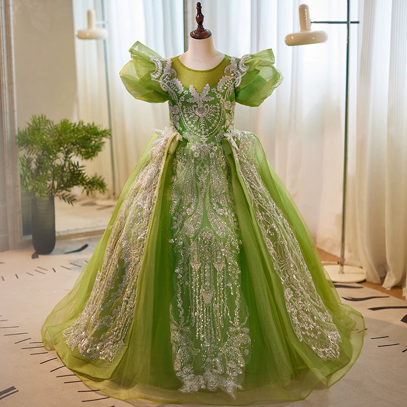 Charming Women's Garments Day-To-Night Styles Elegant Baby Girl Beauty Pageant  Dress Toddler Green Sequins Fluffy Ball Gown
