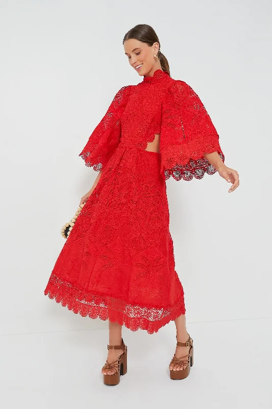 Women's Clothing Apparel Comfortable Chic Red Guipure Cut Out Midi Dress
