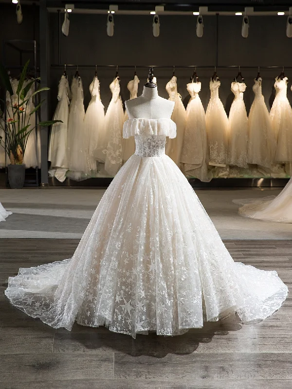 Women's Plus-Size Casual Outfit Trending Items Sleeveless Tulle Strapless Court Train With Ruffle Star Ball Gown Wedding Dresses