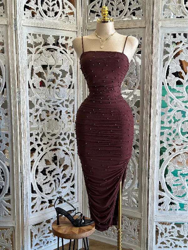 Vintage-Inspired Garments Hot Deals Deep Brown Pearl Cami Midi Dress- Stretchy, Estira