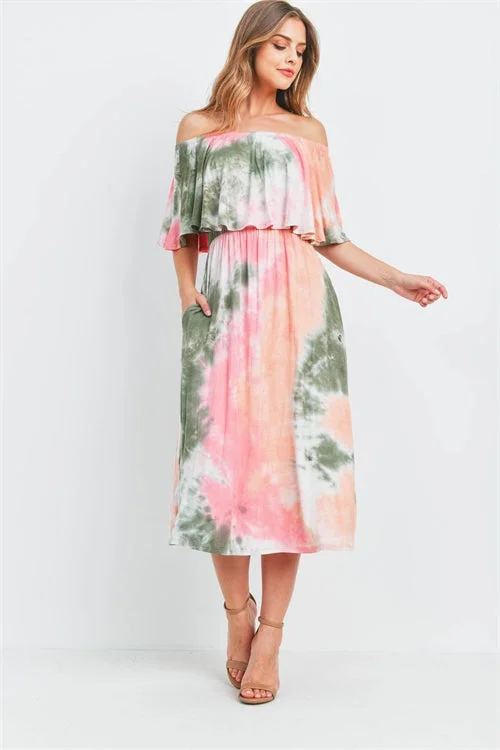Women's Activewear Garments Classic Charm Coral Pink Cold Shoulder Tie Dye Maxi Dress