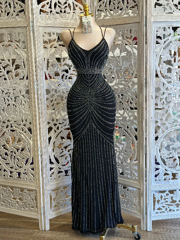 Women's Functional Outdoor Garments Best Seller Black Rhinestone Gown- Stretchy, Estira