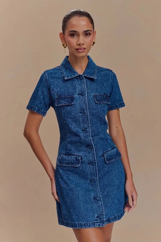 Trendy Athleisure Clothing For Women Ride The Style Wave Leighton Denim Button Down Mini Dress - Dark Blue Trendy Athleisure Clothing For Women Ride The Style Wave Leighton Denim Button Down Mini Dress - Dark Blue