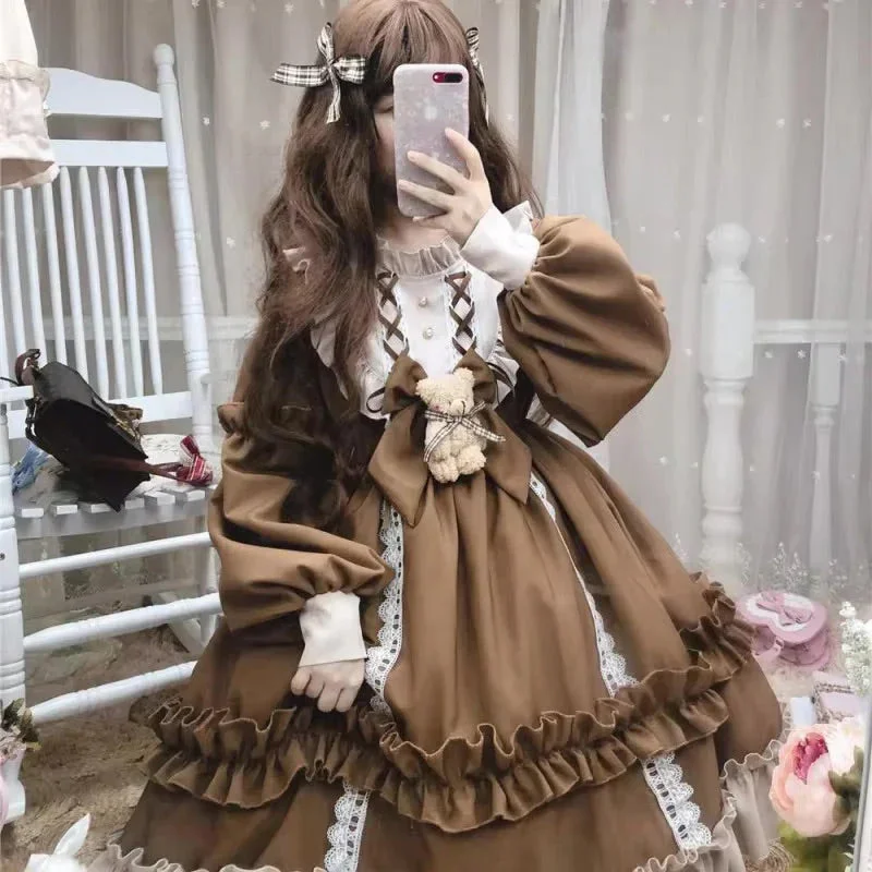 Women's Clothing Outfit Set Ruffled Brown Academia Dress