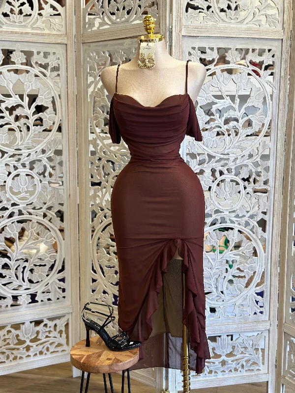 Women's Workout Garments Limited Stock, Big Discounts Brown Mesh Off Shoulder Ruffled Midi Dress - Estira, Stretchy