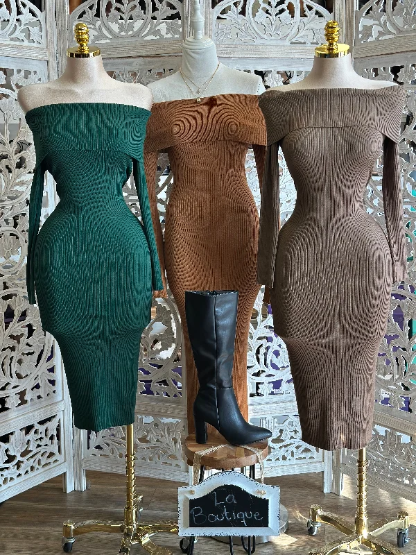Women's Casual Attire Exclusive Deals Online Off Shoulder Ribbed Midi Dress- Stretchy,Estira