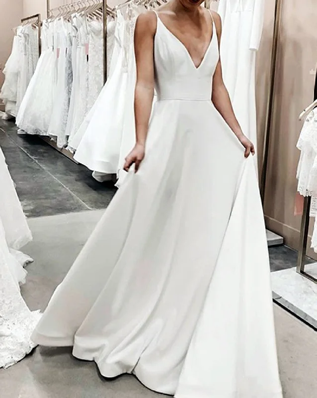 Modern Women's Attire Fast Fashion Favorites Women A-Line Satin Wedding Dresses V-Neck Sleeveless Bridal Gowns YWD208