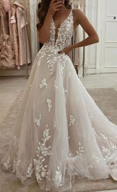 Comfortable Women's Clothing End Of Month Blowout Women A-Line Lace Wedding Dresses Sleeveless V-Neck Appliques Bridal Gowns YWD238