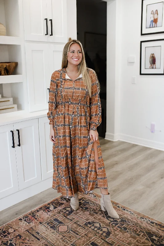 Charming Everyday Clothing For Women Essentials On Sale Slit Plaid Tie Neck Long Sleeve Maxi Dress WH Charming Everyday Clothing For Women Essentials On Sale Slit Plaid Tie Neck Long Sleeve Maxi Dress WH