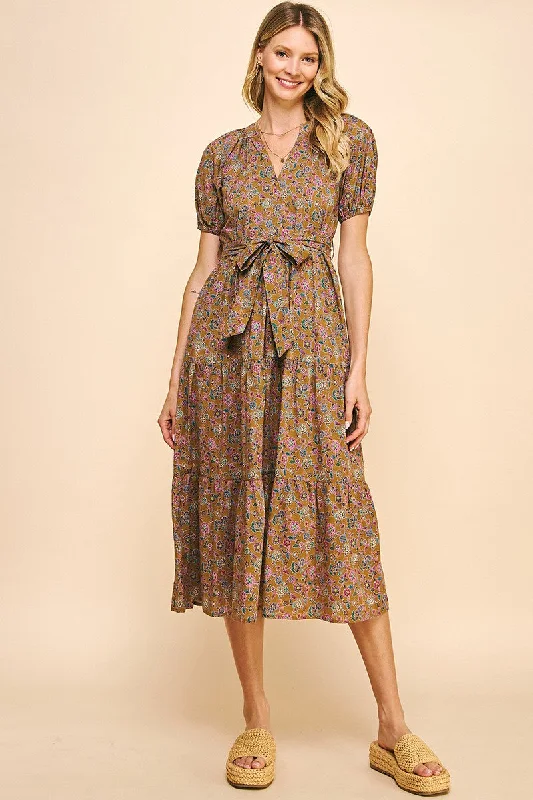 Modern Women's Clothes Feminine Flow PRINT TIERED MIDI DRESS