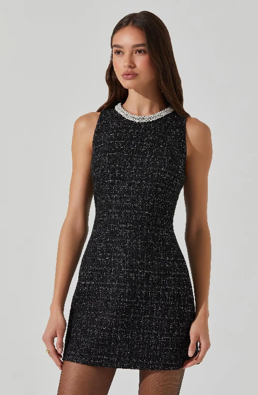 Women's Outfit For The Office Elegant Contour Althea Tweed Pearl Collar Mini Dress Women's Outfit For The Office Elegant Contour Althea Tweed Pearl Collar Mini Dress