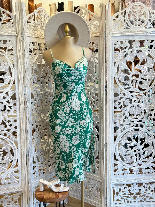 Women's Comfy Attire For Lounging Limited Time Offers Green Flower Cowl Neck Midi Dress