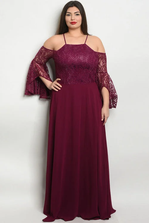Women's Clothes For Work Events Massive Savings Plum Lace Bell Sleeve Plus Size Ball Gown