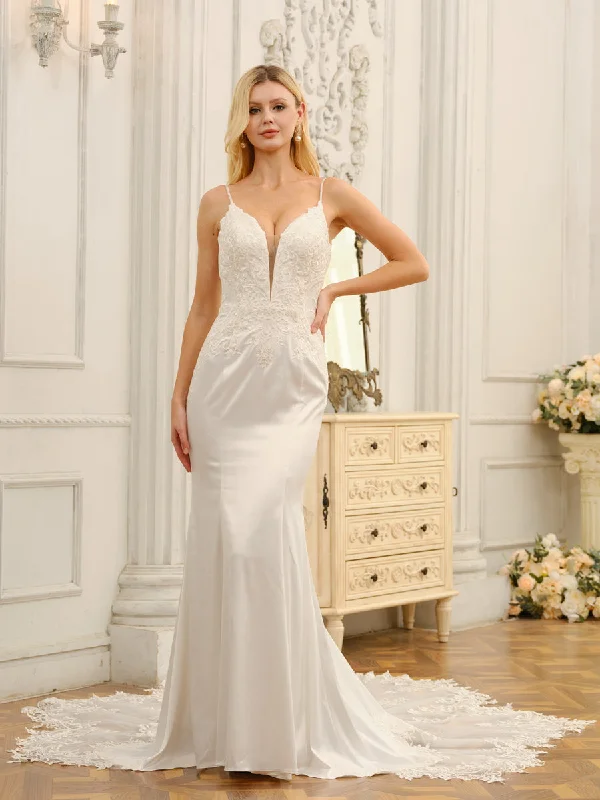 Women's Everyday Clothes Today Only Trumpet/Mermaid Spaghetti Straps Sleeveless Long Wedding Dresses with Appliques