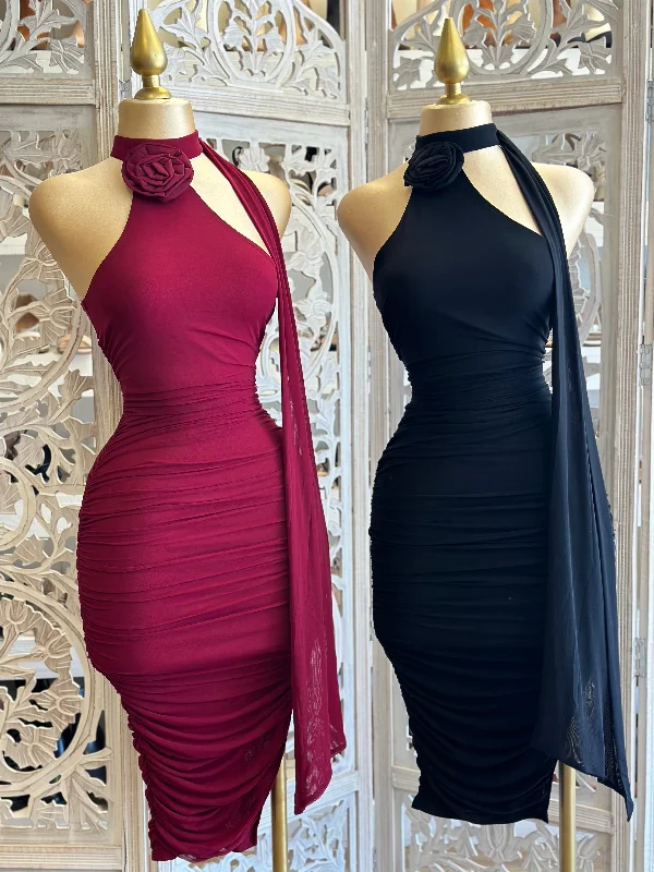 Affordable Women's Apparel Flash Sale, Don't Miss Flower Detail High Neck Ruched Midi Dress- Stretchy Affordable Women's Apparel Flash Sale, Don't Miss Flower Detail High Neck Ruched Midi Dress- Stretchy