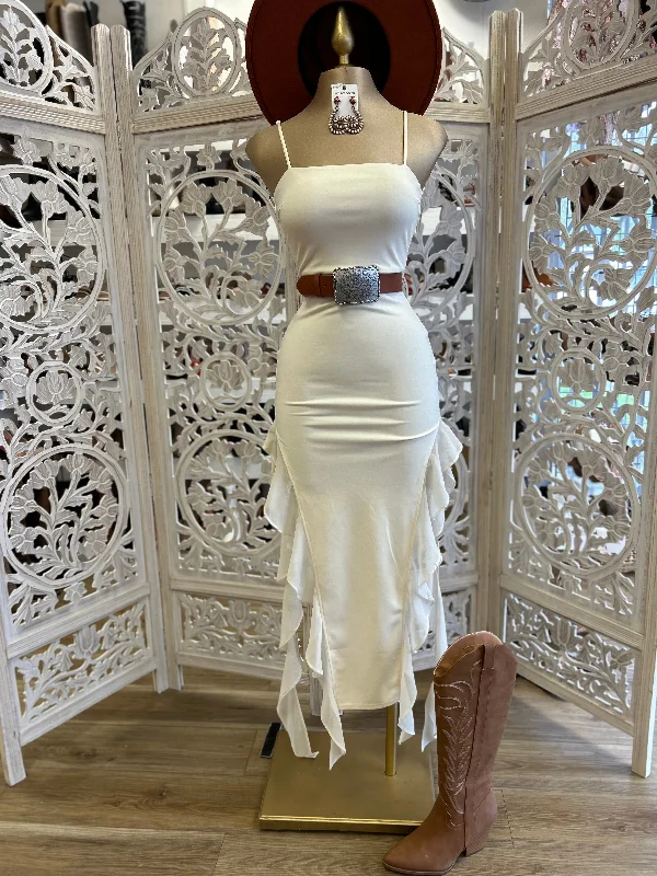 Women's Resort Attire Eco Friendly Fashion Sale White Bottom Ruffle Thin Strap Midi Dress- Slightly Stretchy