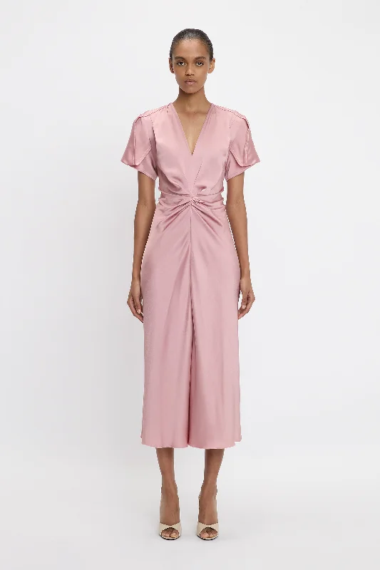 Comfortable Outfit For Women Trendy Styles Gathered V-Neck Midi Dress In Peony