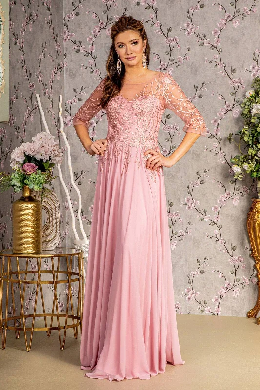 Best Sellers Bead Embroidery Sheer Neckline V-back Chiffon A-line Long Mother Of The Bride Dress GLGL3445